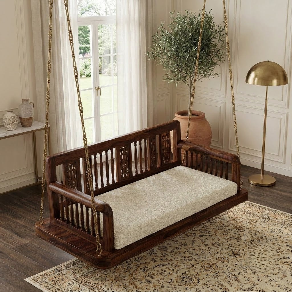 Dark walnut 2 seater Sheesham wood swing chair for home by PRITI