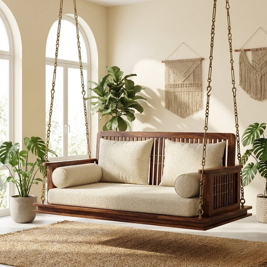 Dark walnut 2 seater Sheesham wood swing chair for modern home interiors