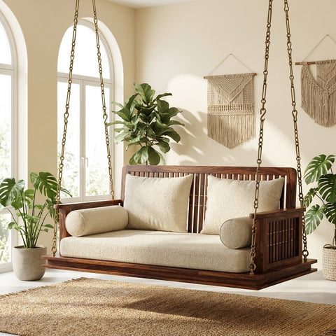 Dark walnut 2 seater Sheesham wood swing chair for modern home interiors