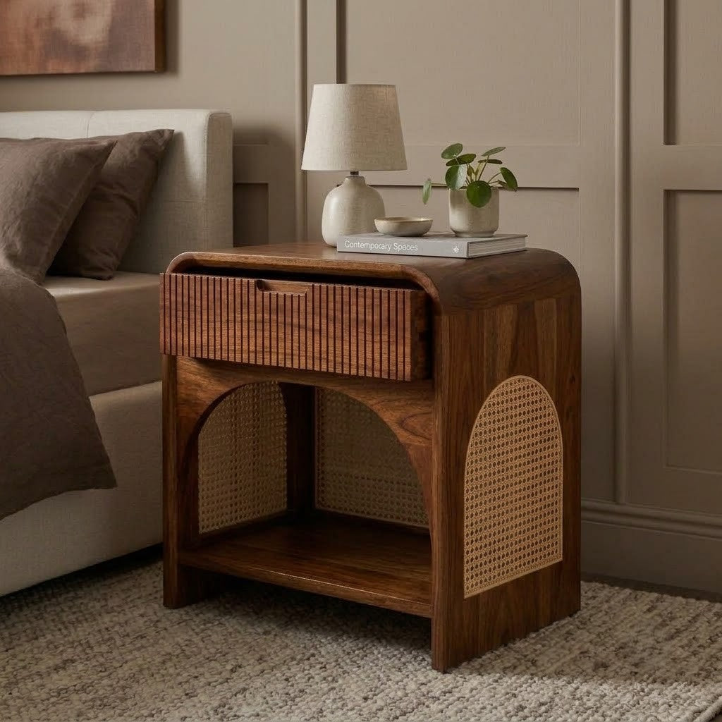 Dark walnut Sheesham bedside table with cane front and storage