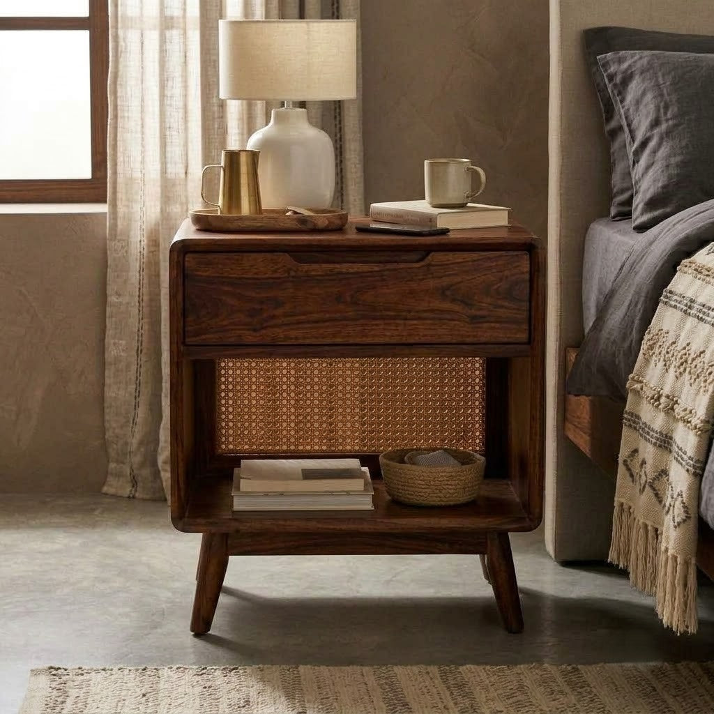 Dark walnut Sheesham bedside table with cane side panels