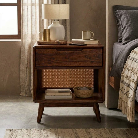 Dark walnut Sheesham bedside table with cane side panels