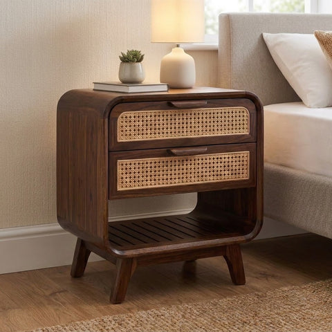 Dark walnut Sheesham bedside table with open lower shelf