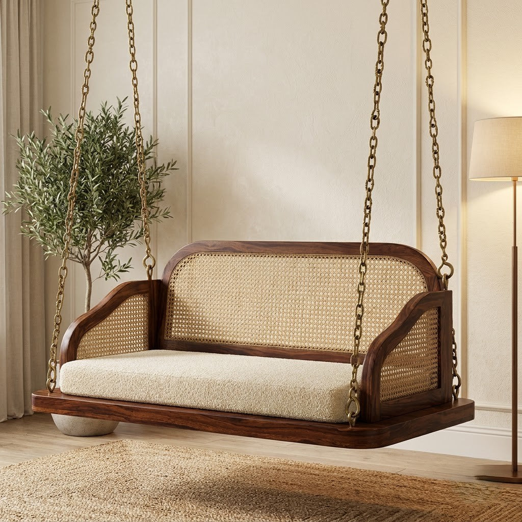 Dark walnut Sheesham wood 2 seater swing chair for home interiors by PRITI