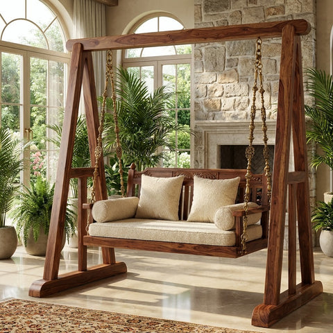 Dark walnut Sheesham wood 2 seater swing chair with crème upholstery by PRITI