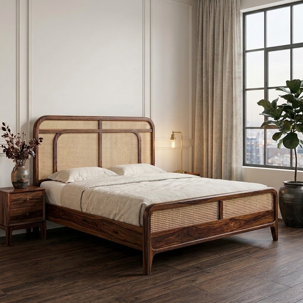 Dark walnut Sheesham wood bed without storage for bedroom
