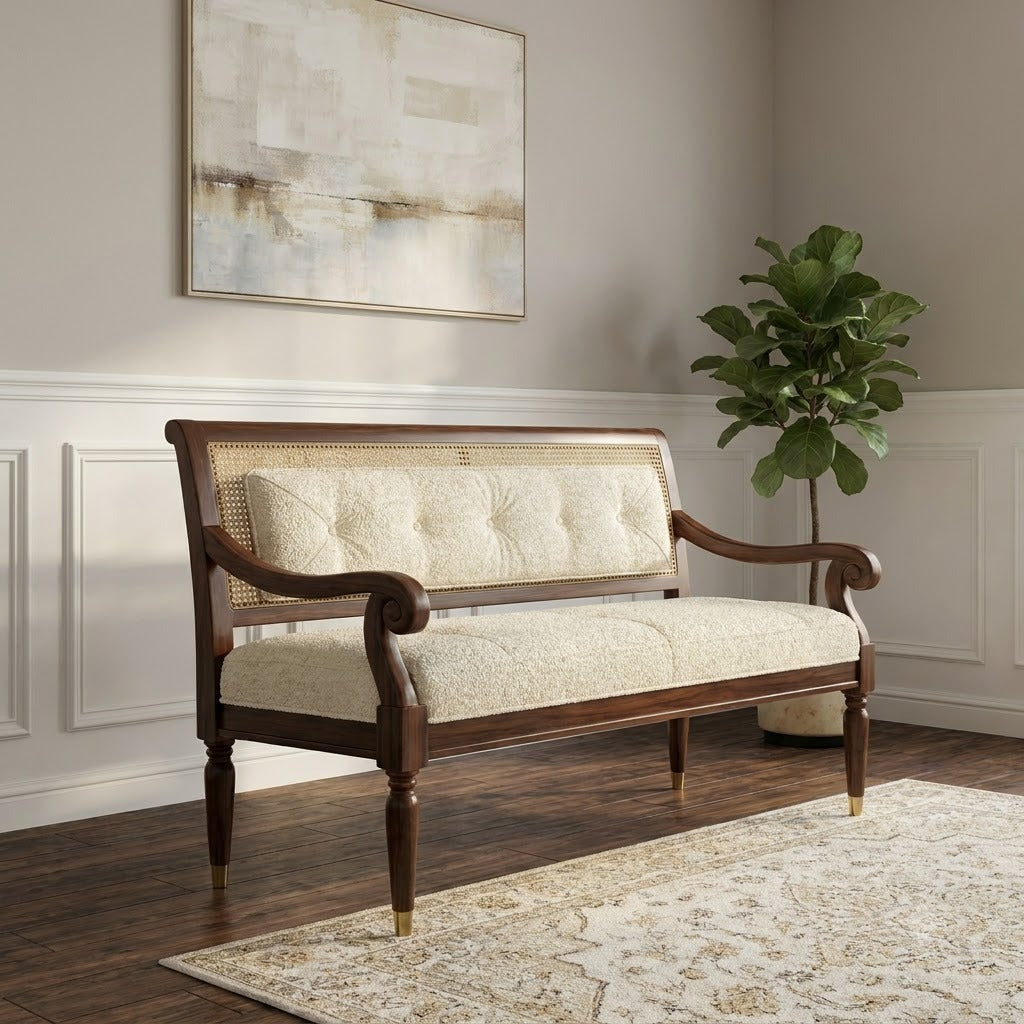 Dark walnut Sheesham wood upholstered bench for bedroom