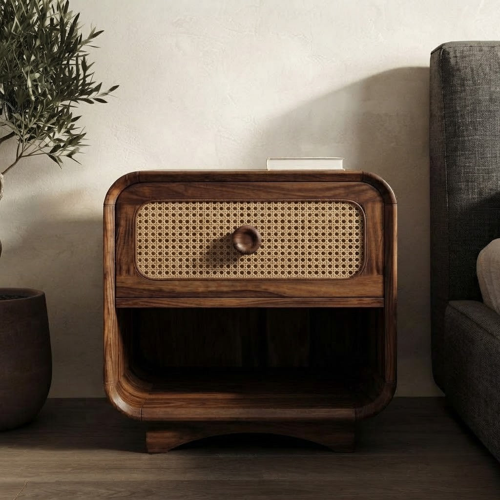 Dark walnut bedside cabinet with cane front for modern bedroom