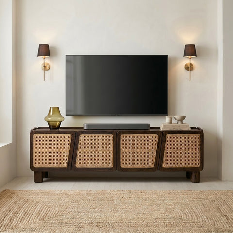 Dark walnut sheesham wood TV cabinet with wooden frame design