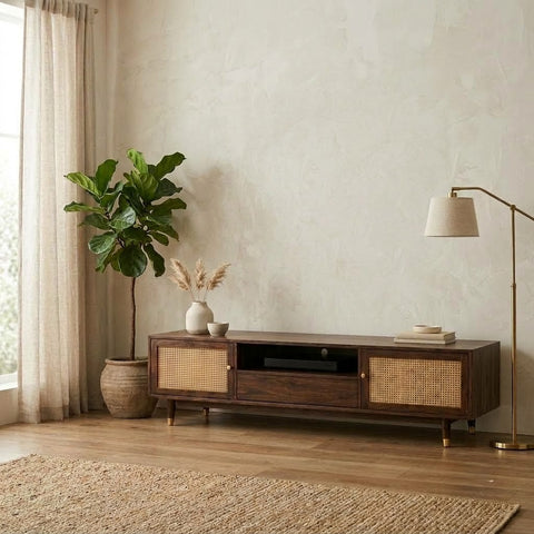 Dark walnut sheesham wood TV unit with cane storage