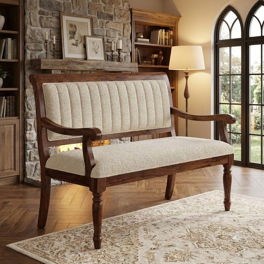 Dark walnut sheesham wood bench with crème boucle cushioned seat