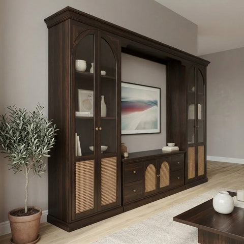 Dark walnut sheesham wood entertainment unit with cane panels