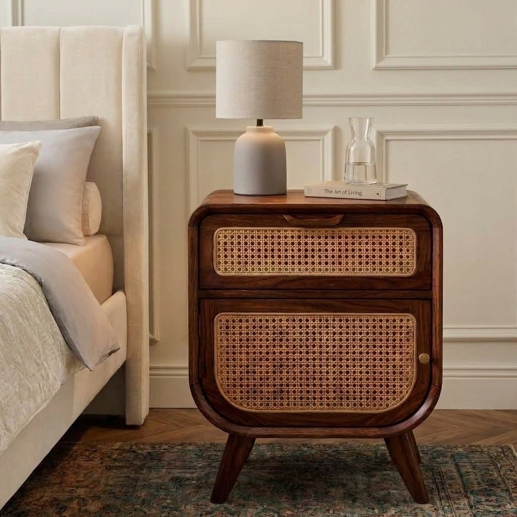Dark walnut wooden bedside cabinet with cane front detailing
