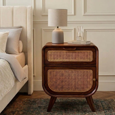 Dark walnut wooden bedside cabinet with cane front detailing