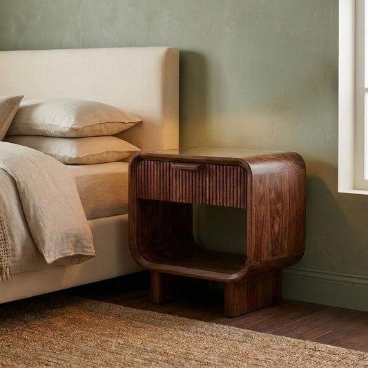 Dark walnut wooden bedside cabinet with drawer and shelf