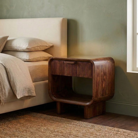 Dark walnut wooden bedside cabinet with drawer and shelf