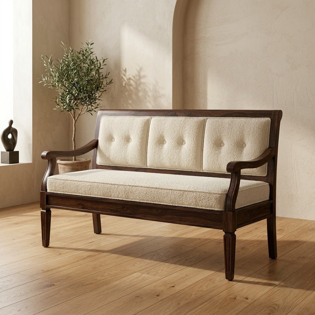 Dark walnut wooden bench with crème boucle fabric and curved arms