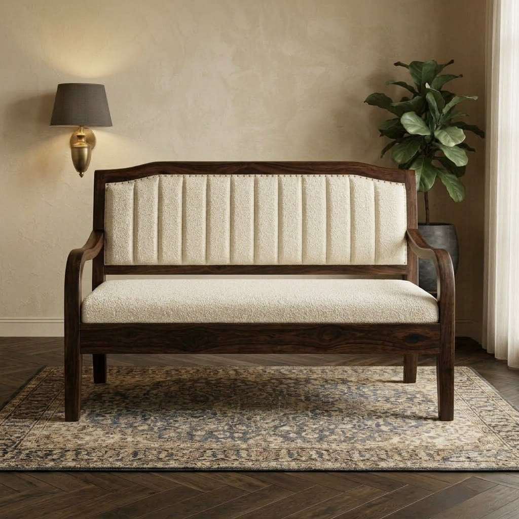 Dark walnut wooden entryway bench by PRITI with boucle fabric