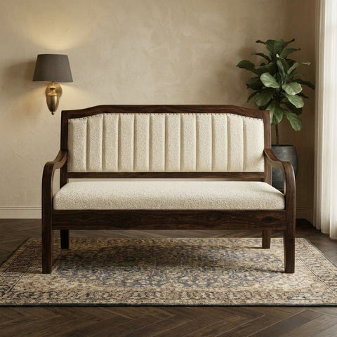 Dark walnut wooden entryway bench by PRITI with boucle fabric