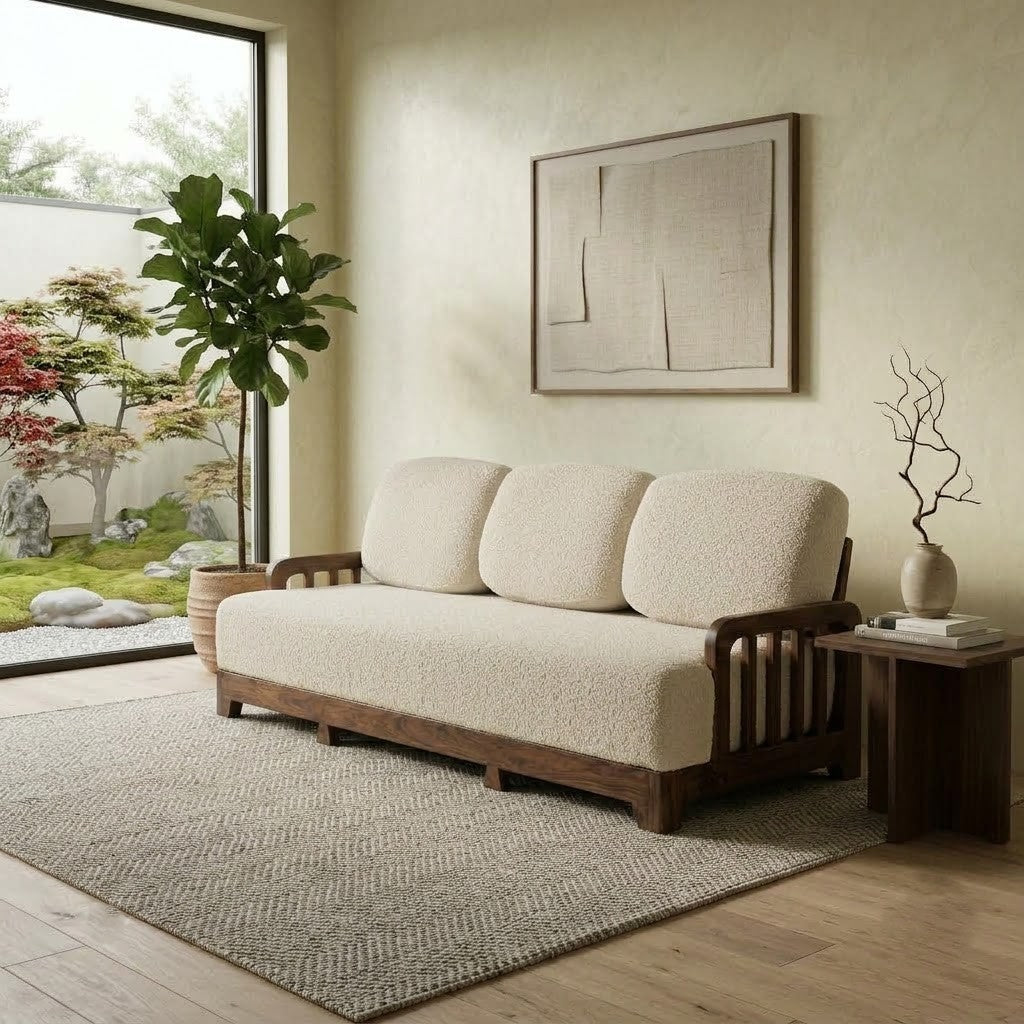 Dark walnut wooden frame linear sofa with creme boucle upholstery