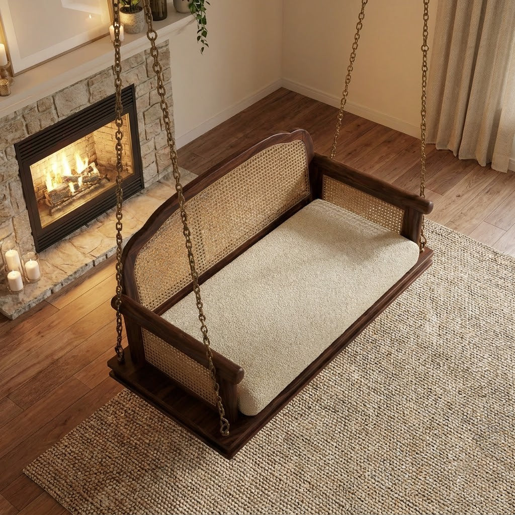 Dark walnut wooden swing chair with crème boucle cushion and cane backrest