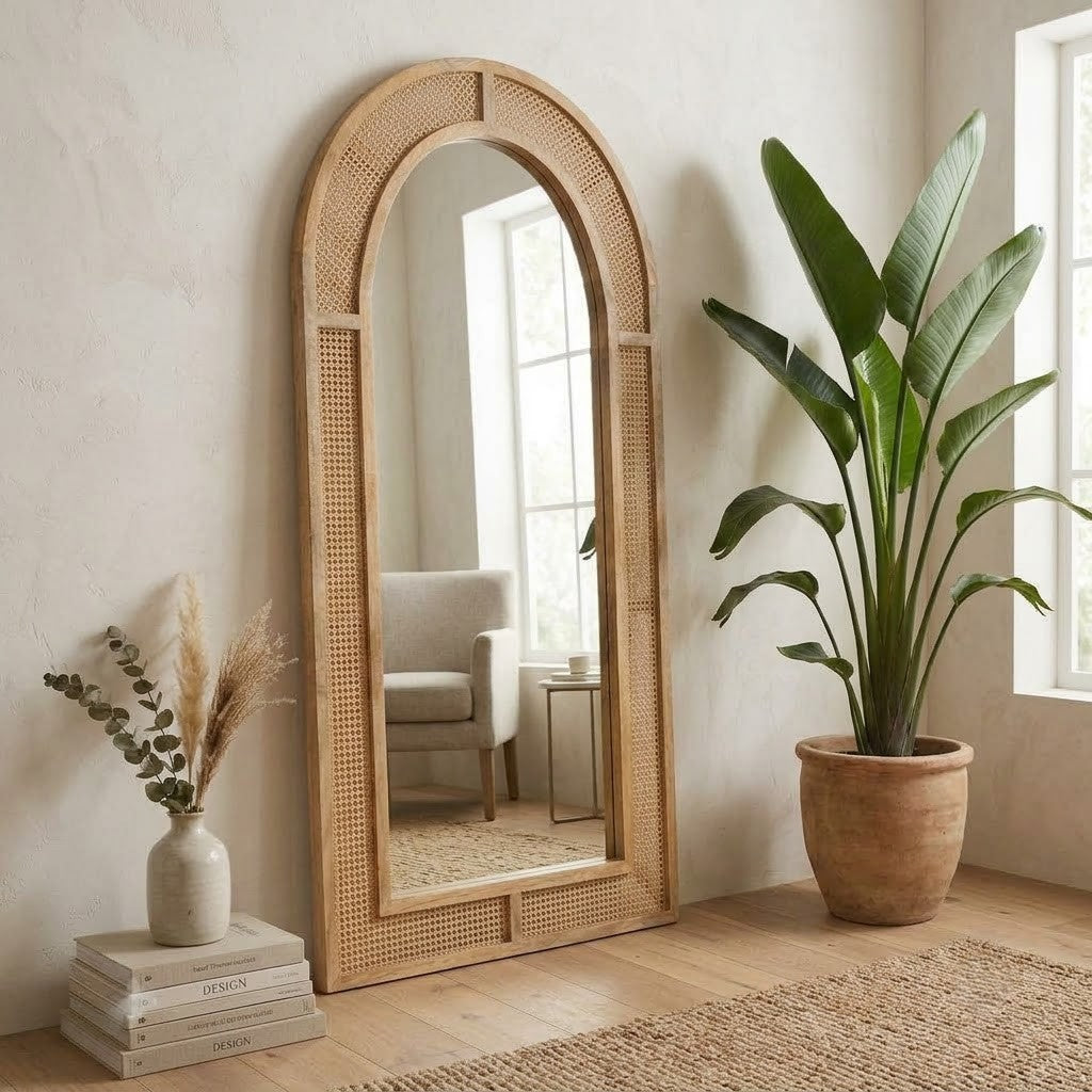 Decorative rattan wooden wall mirror for home