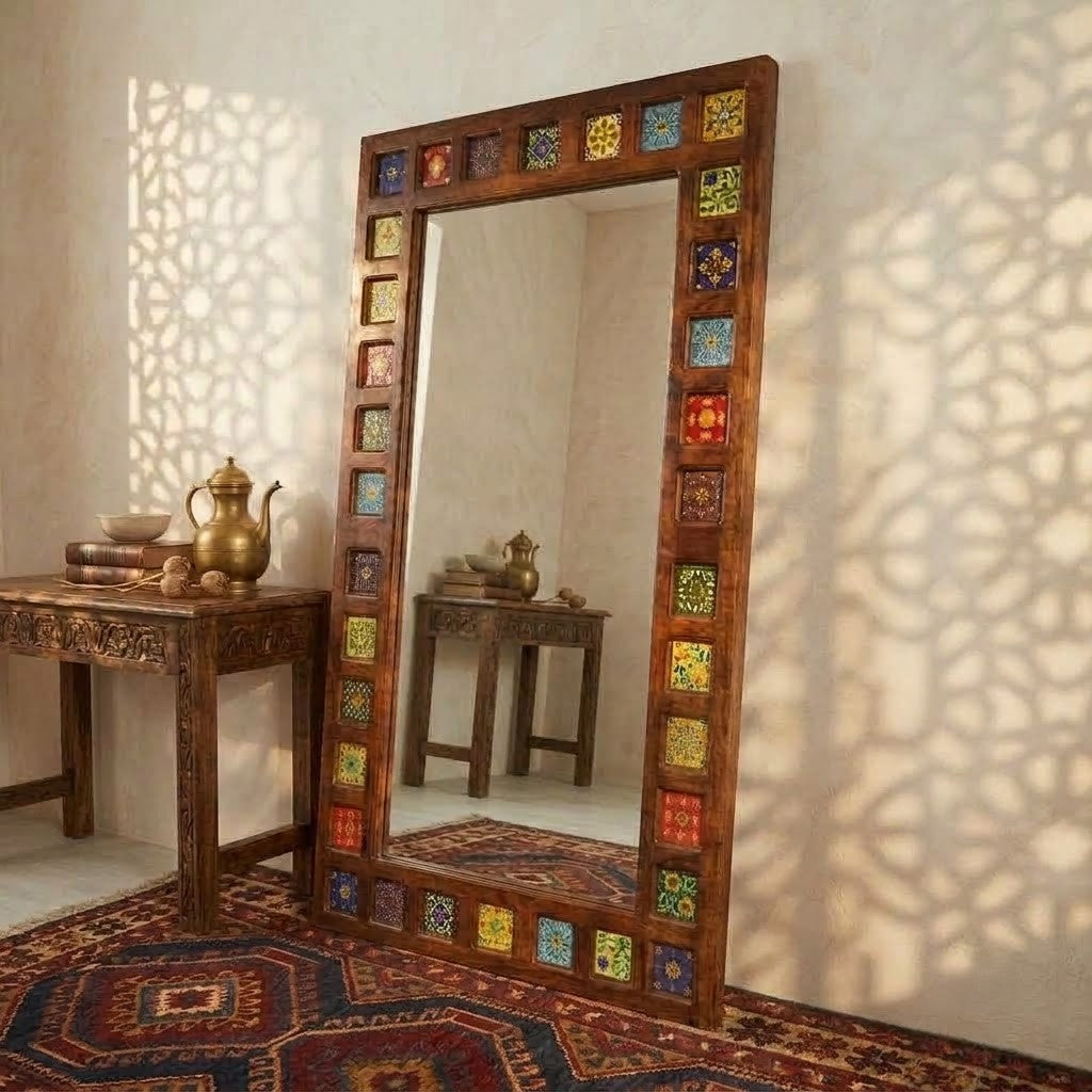 Decorative tile frame mirror for bedroom interior