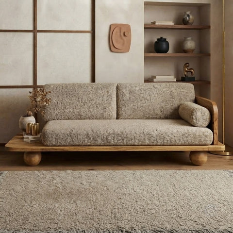 Designer 3 Seater Sofa in Natural Mango Wood & Boucle