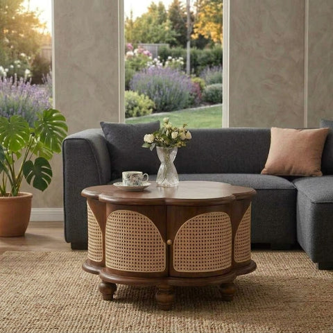 Designer round coffee table with rattan panels and wooden legs