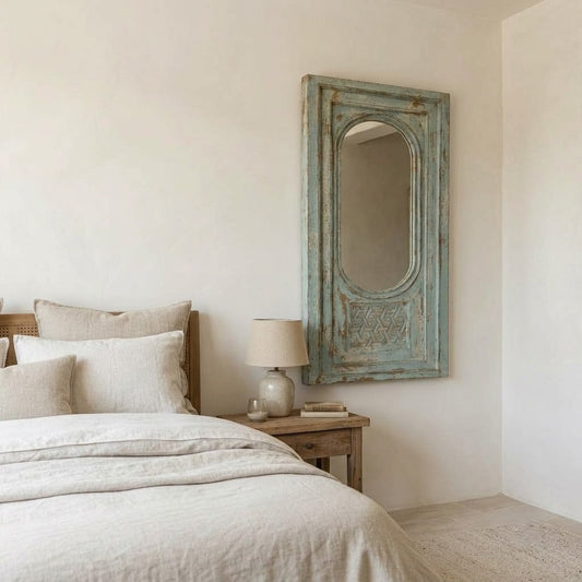 Distressed blue wooden wall mirror 160 cm tall for living room