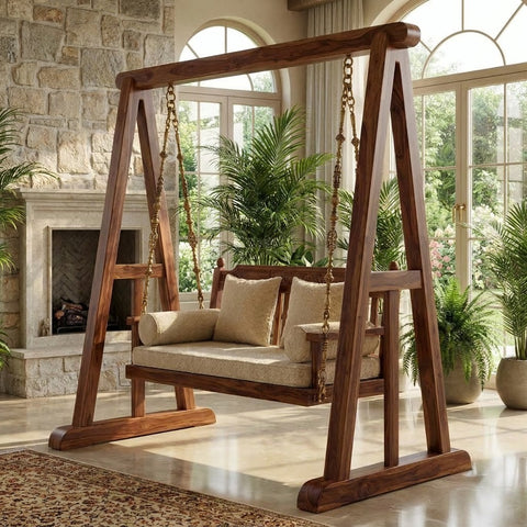 Elegant 2 seater Sheesham wood jhula for living room balcony and veranda