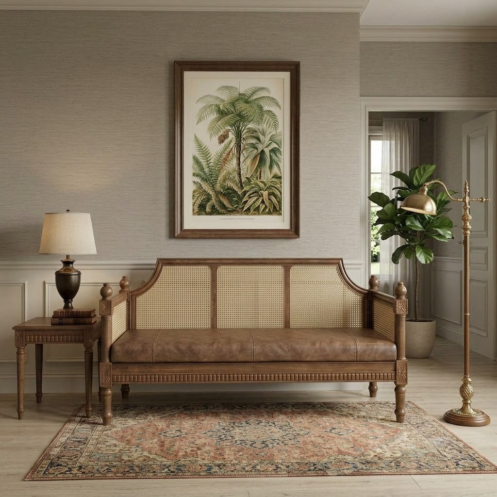 Elegant 2 seater cane sofa with carved wooden frame