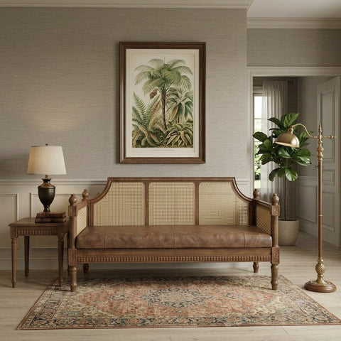 Elegant 2 seater cane sofa with carved wooden frame