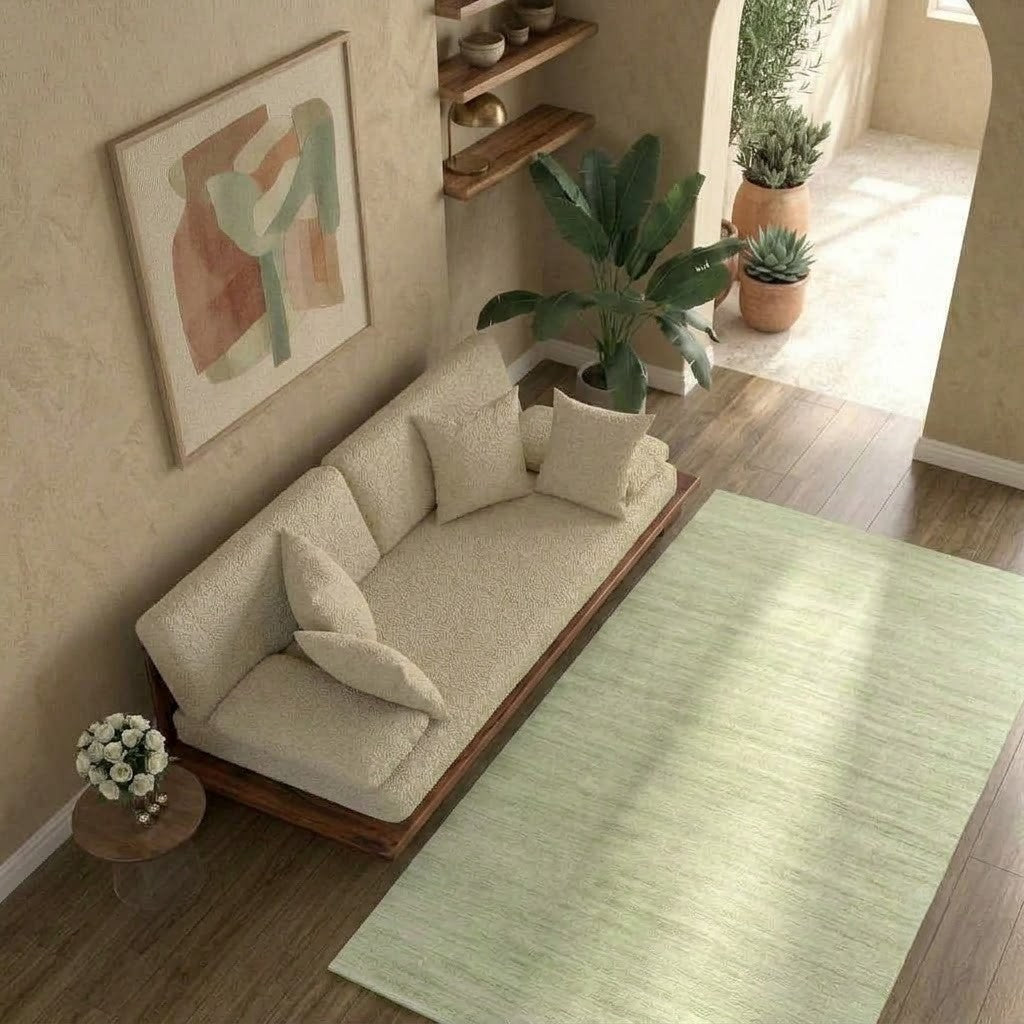 Elegant 3 seater wood sofa with upholstered back and seat cushions