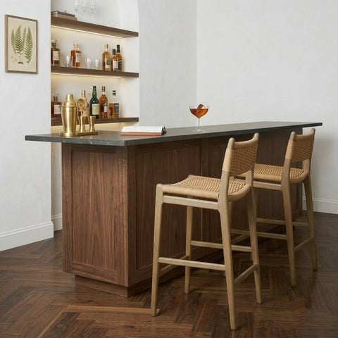 Elegant Cream Boucle Counter Stool with Dark Walnut Sheesham Wood | PRITI Home