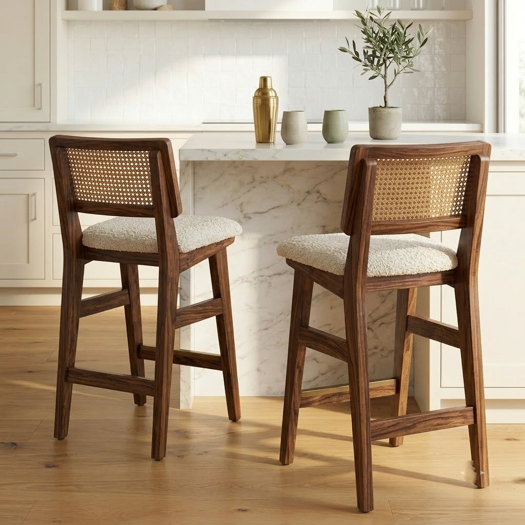 Elegant Cream Boucle Kitchen Counter Stool with Dark Walnut Sheesham Wood | PRITI Home