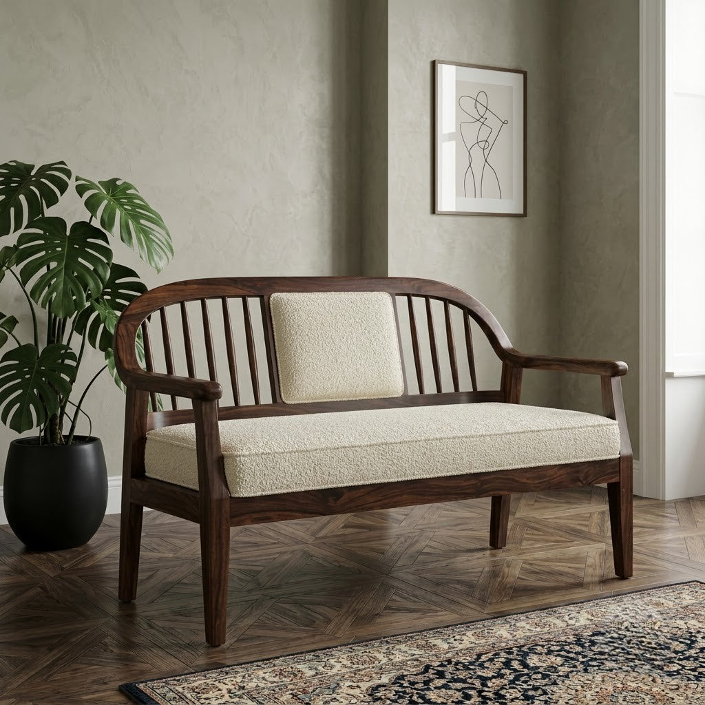 Elegant Dark Walnut Wooden Bench with Slatted Backrest by PRITI