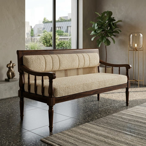 Elegant PRITI Wooden Bench with Upholstered Backrest and Curved Armrests