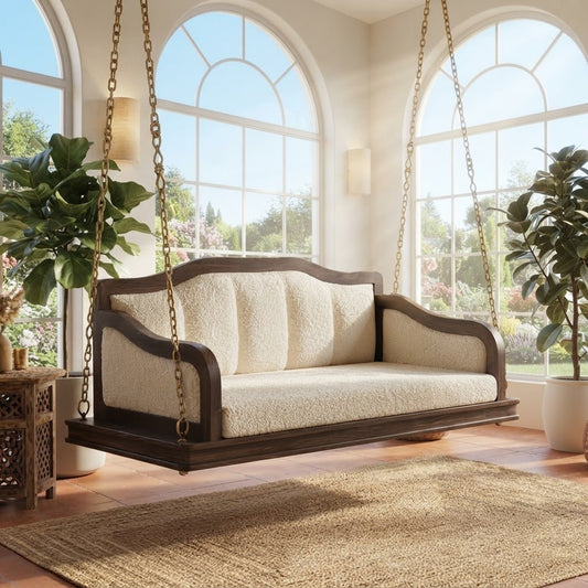 Elegant PRITI wooden Jhula with curved frame and boucle cushioned seat