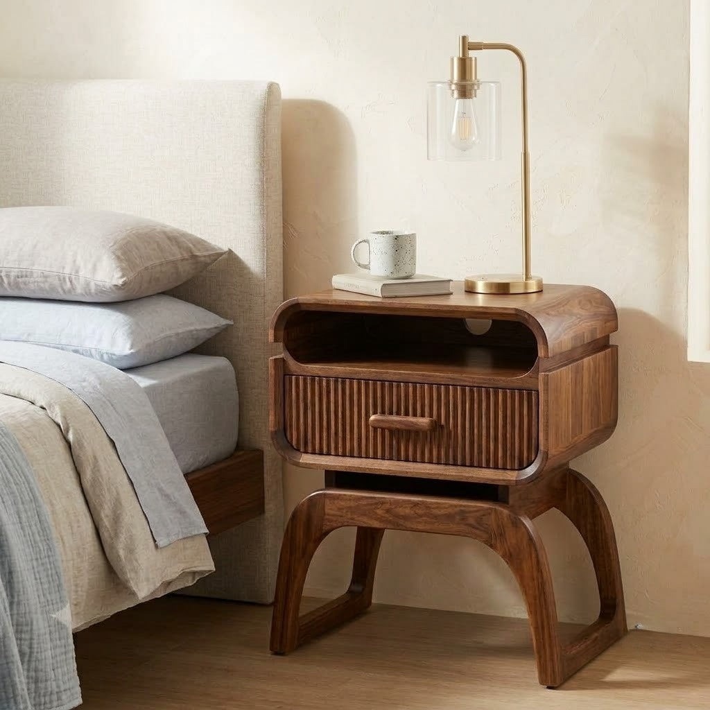 Elegant Sheesham wood nightstand in Dark Walnut finish with storage