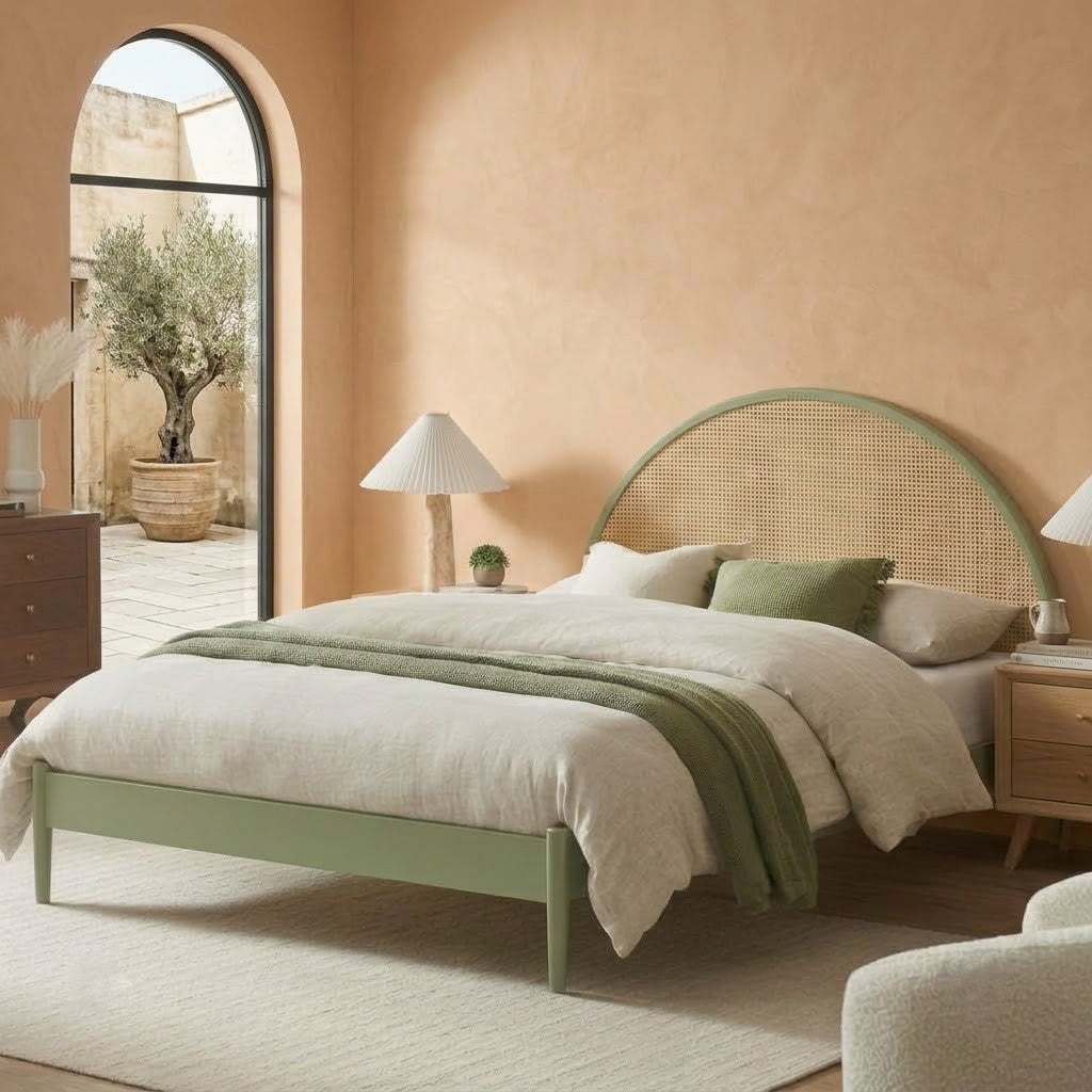 Elegant rattan bed with curved headboard for Queen and King size