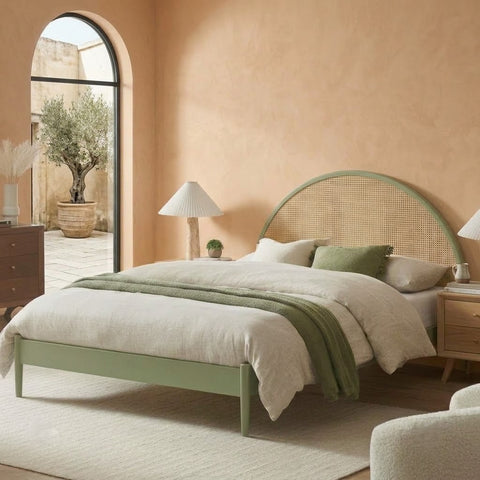 Elegant rattan bed with curved headboard for Queen and King size