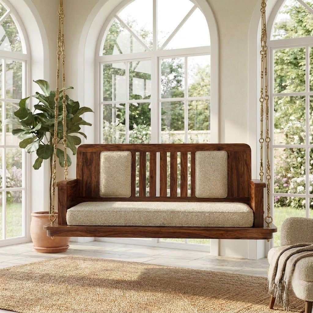 Elegant wooden Jhula for home with crème boucle cushioned seat