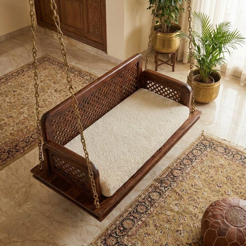 Elegant wooden Jhula with lattice backrest and crème boucle upholstery