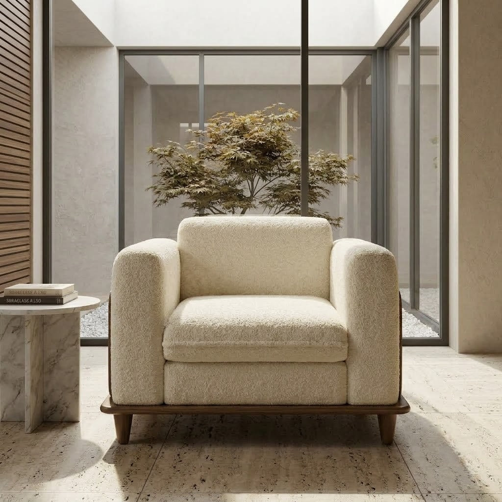 Elegant wooden sofa set with boucle fabric for modern interiors