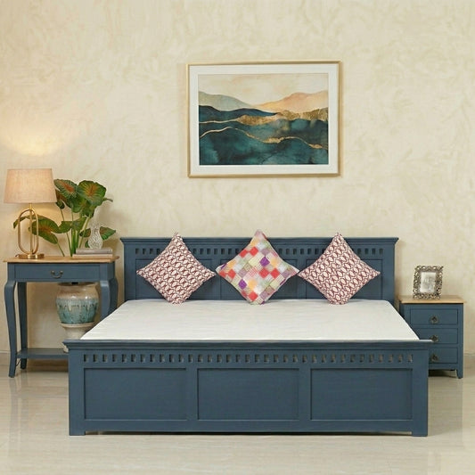 PRITI Solid Wood Queen Size Bed - Blue