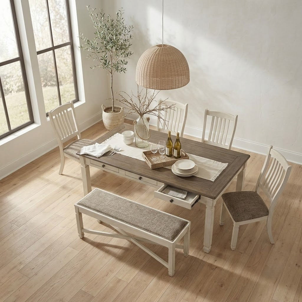 Farmhouse dining table with matching wooden chairs and upholstered bench