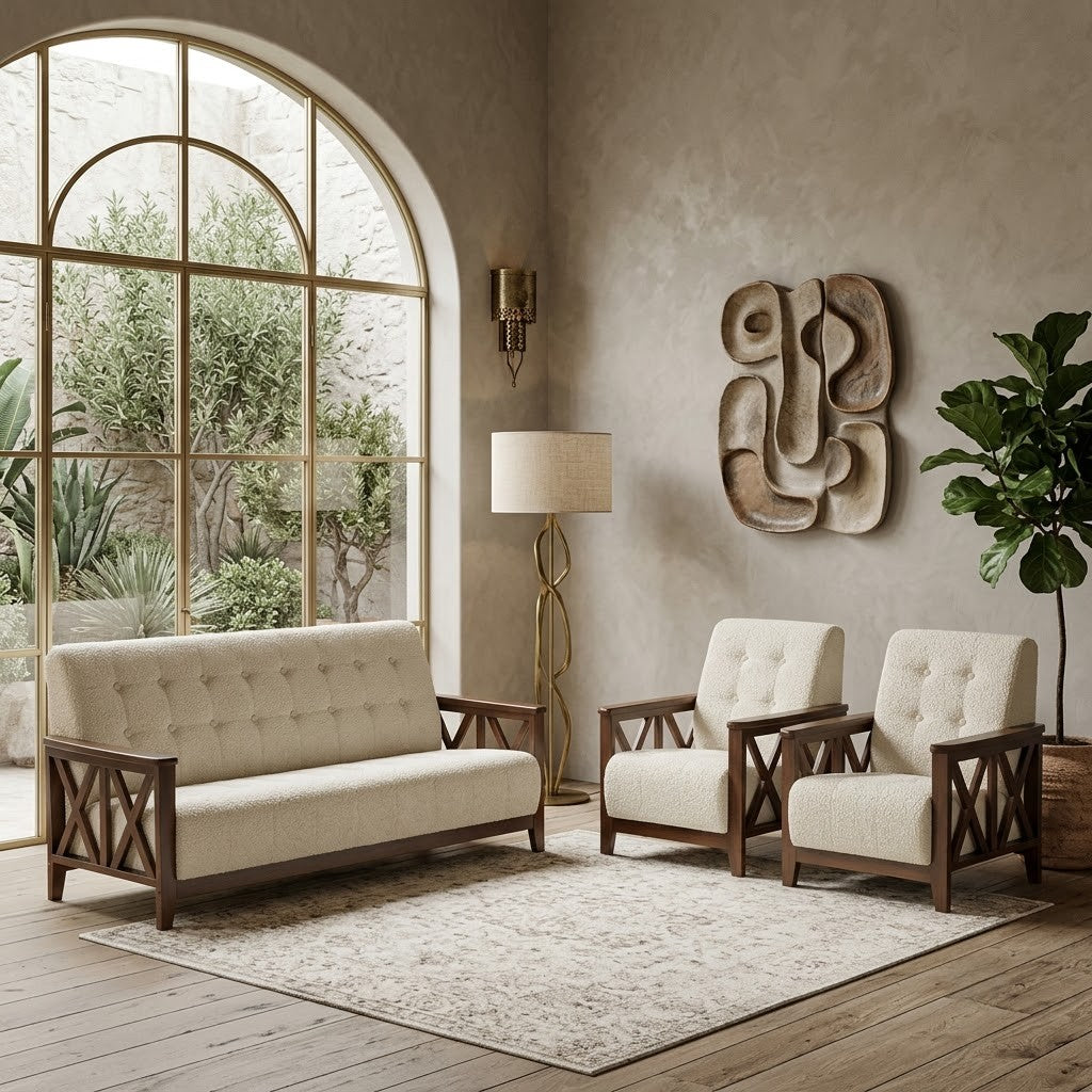 Five seater cream boucle sofa set with treated solid wood frame