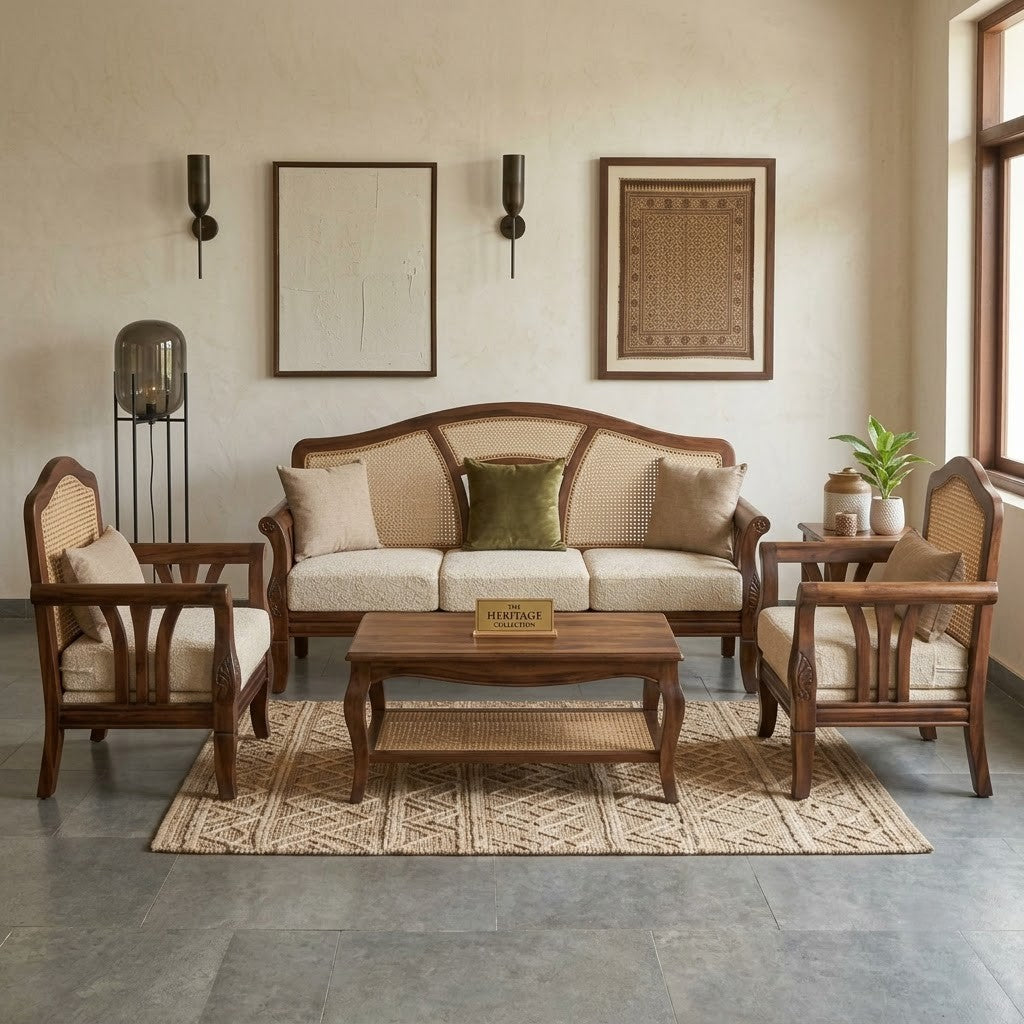 Five seater wooden sofa with Crème Boucle upholstery