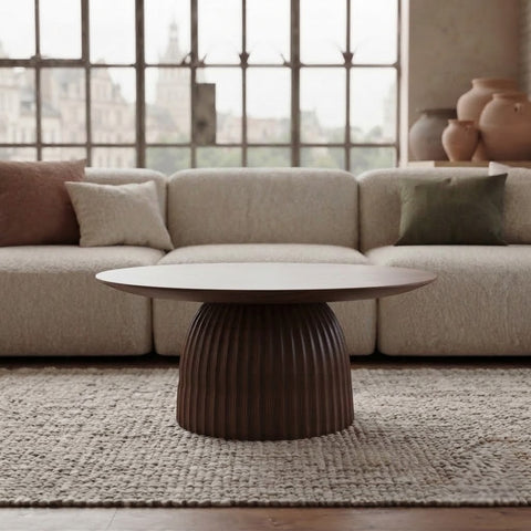 Fluted Dome Pedestal Round Wooden Coffee Table | PRITI